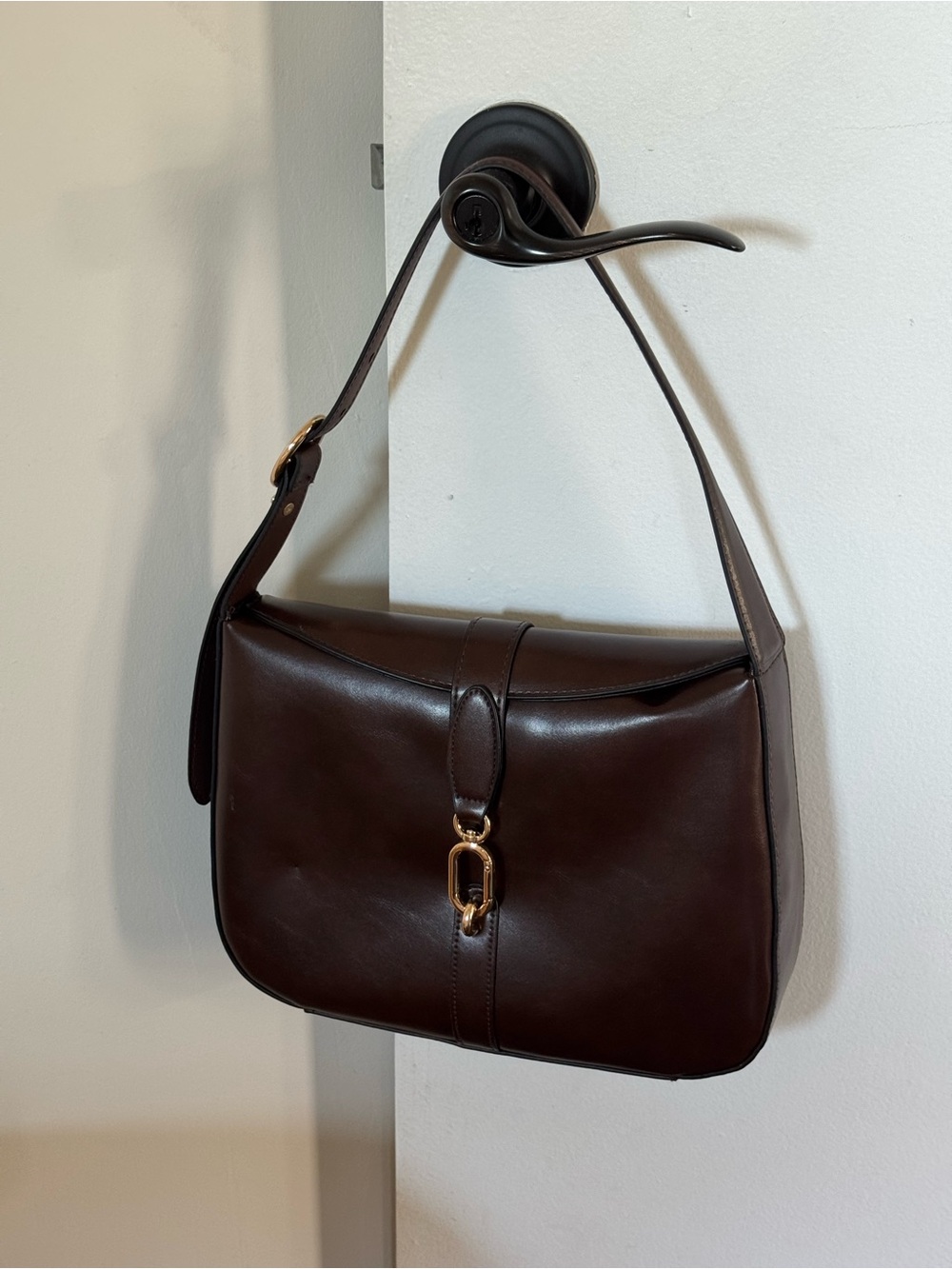H&M Dark Brown Leather Shoulder Bag with Gold Hardware